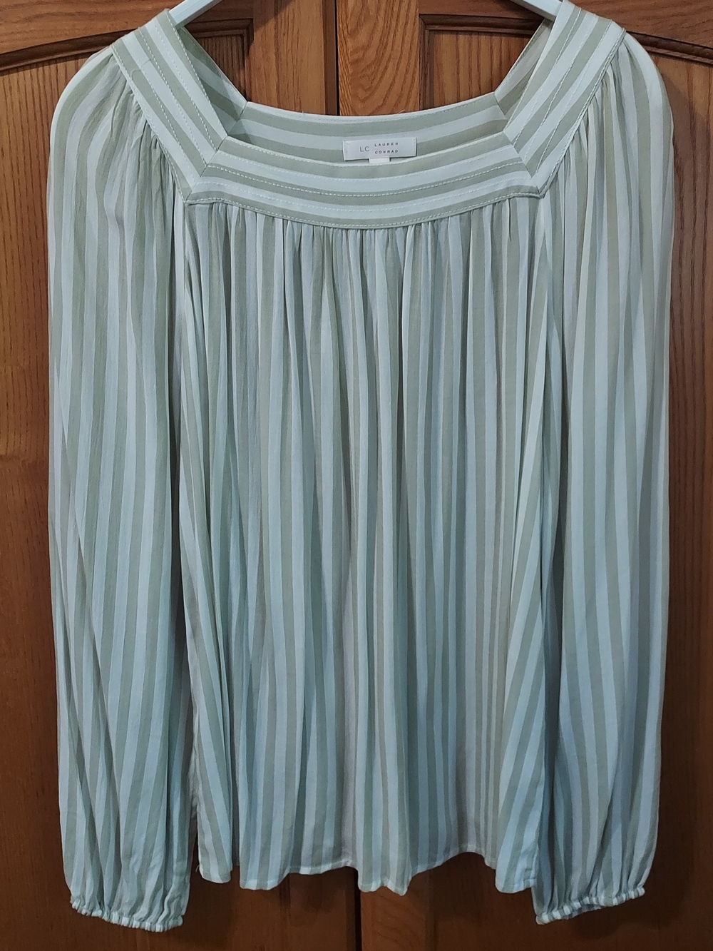 LC Lauren Conrad Mint and White Striped Peasant Blouse